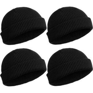 ⚡Unisex Black 4 Pieces Watch Hat Roll up Edge Skullcap Fisherman Beanie